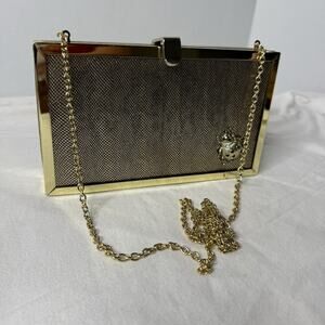 Kate Landry Gold Tone Square Metal Clutch Evening Purse w/ Gold Chain & Ladybug